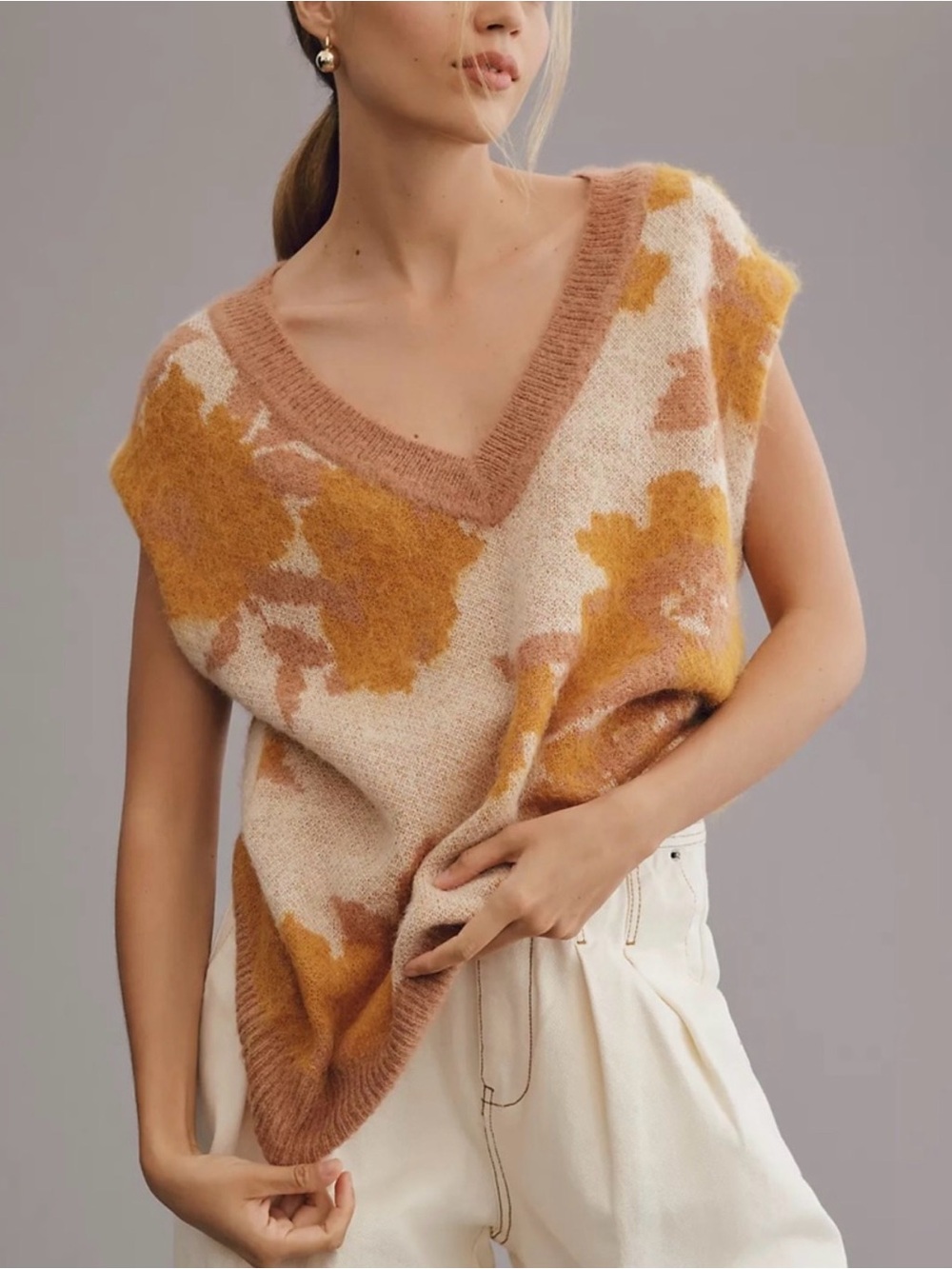 Anthropologie Maeve Plunging Loopy Floral Sweater Vest XS Oversized